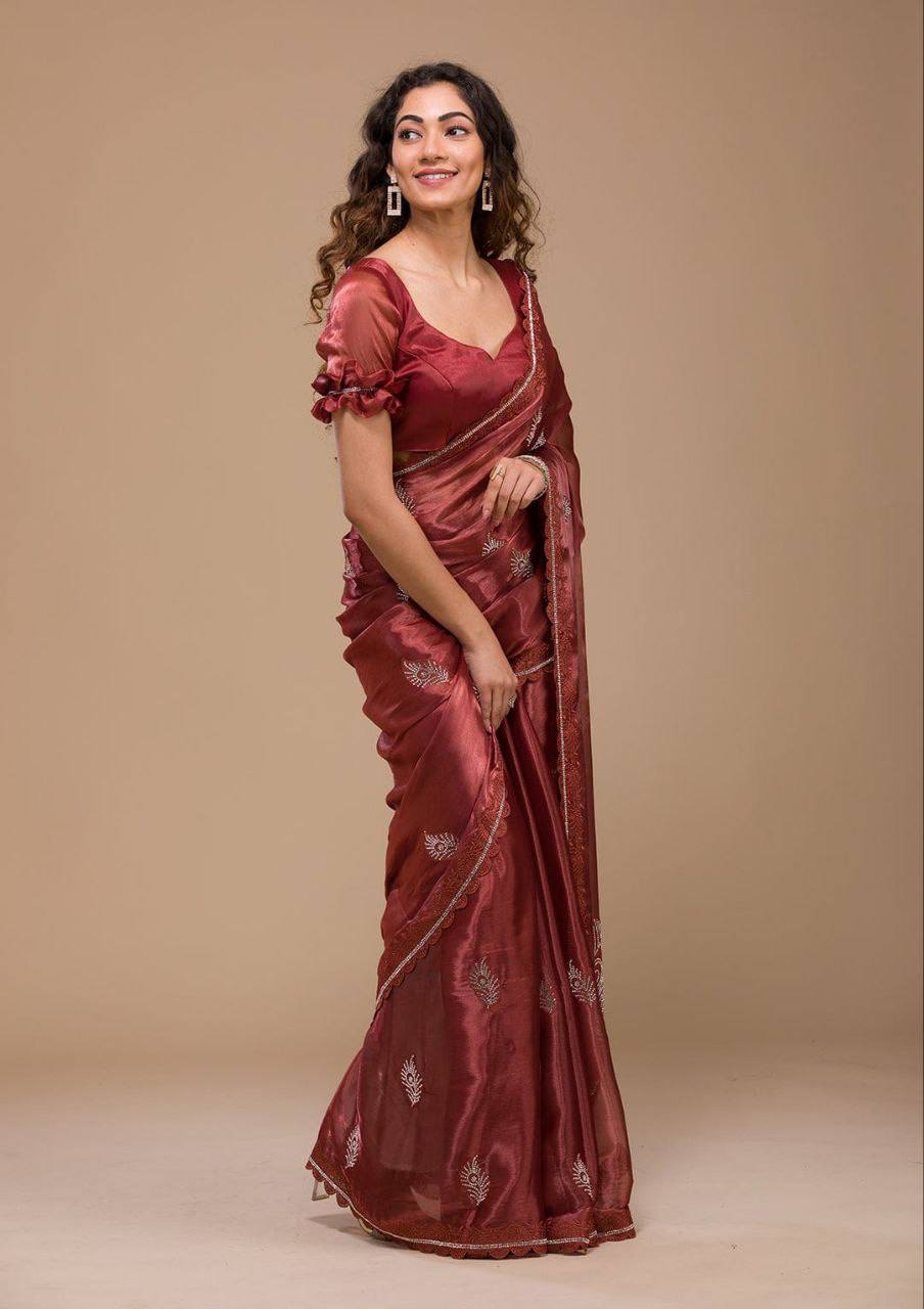 Burberry Silk Saree with Swarovski Stones and Cut Border