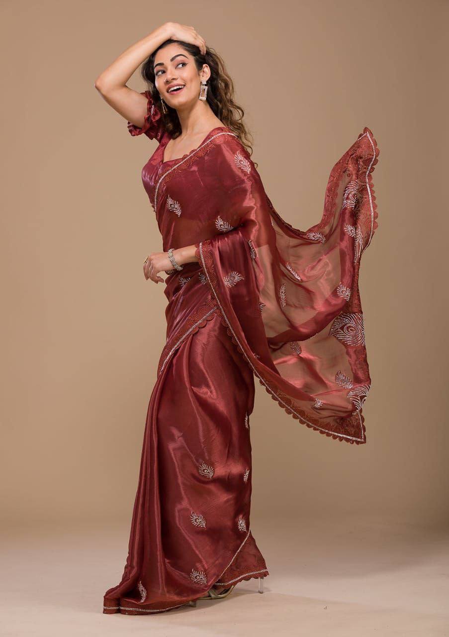 Burberry Silk Saree with Swarovski Stones and Cut Border