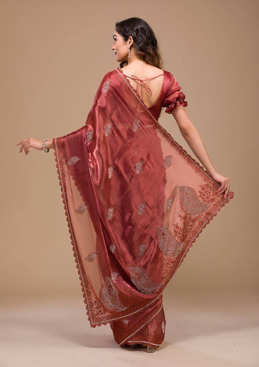 Burberry Silk Saree with Swarovski Stones and Cut Border