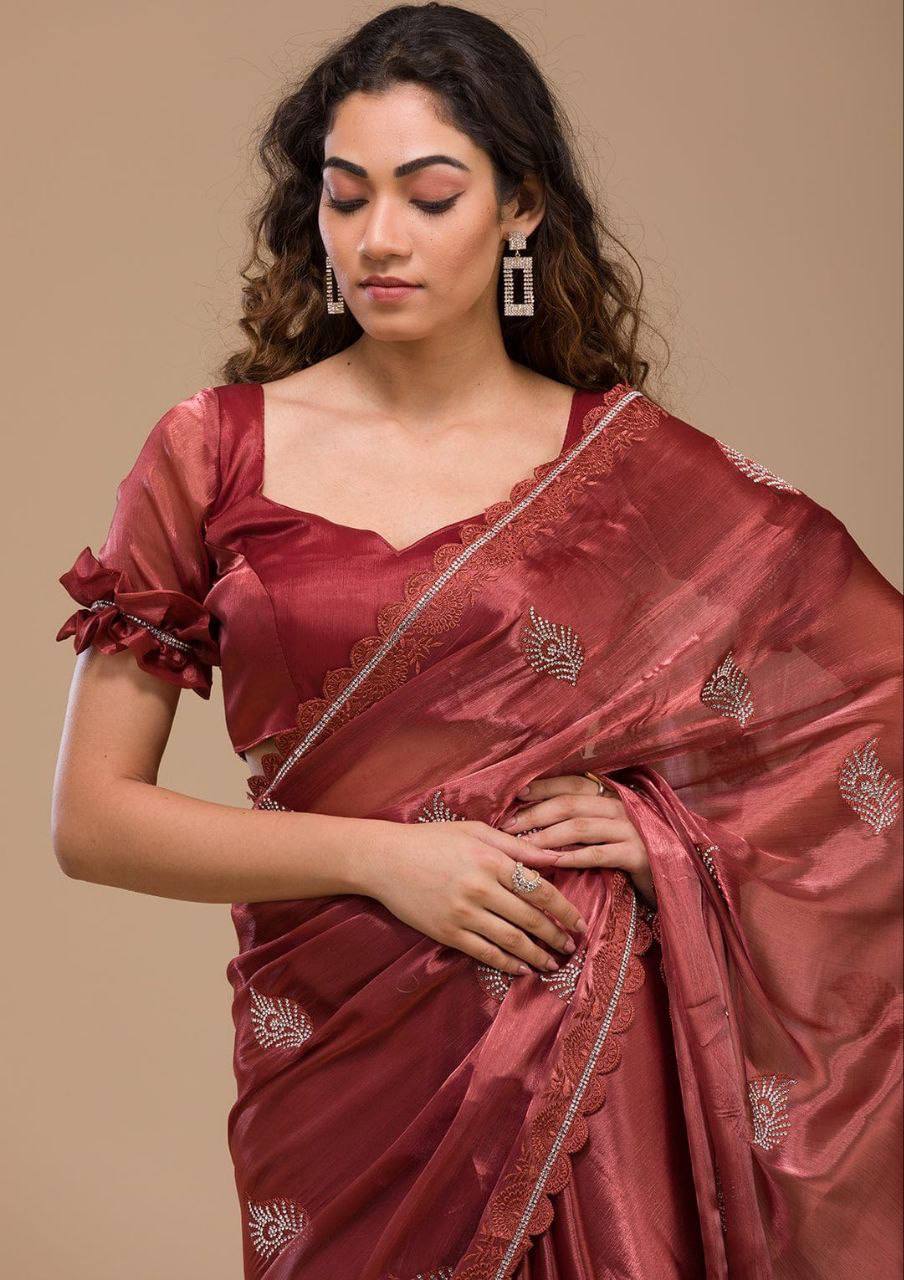 Burberry Silk Saree with Swarovski Stones and Cut Border