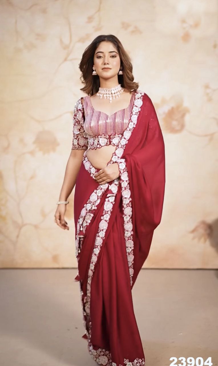 Beautiful Sequins Work Saatin Chiffon Saree - Ethnic Charm