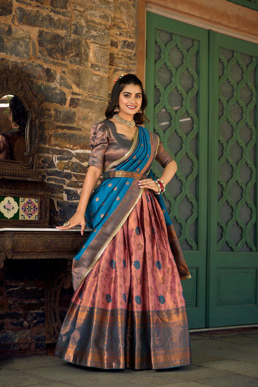 Artistic Jacquard Silk Lehenga Set adorned with Zari Weaving Work, Unstitched Blouse, and Versatile Dupatta