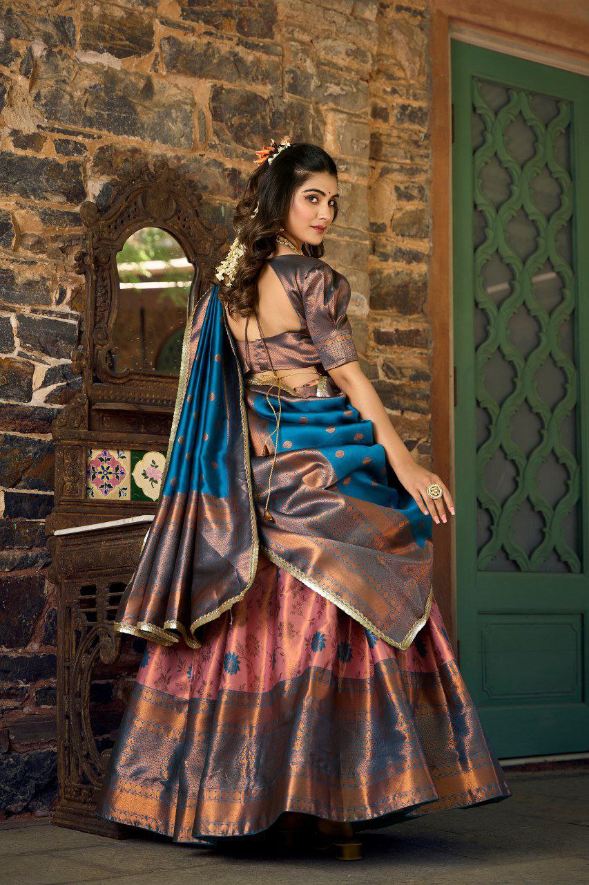 Artistic Jacquard Silk Lehenga Set adorned with Zari Weaving Work, Unstitched Blouse, and Versatile Dupatta