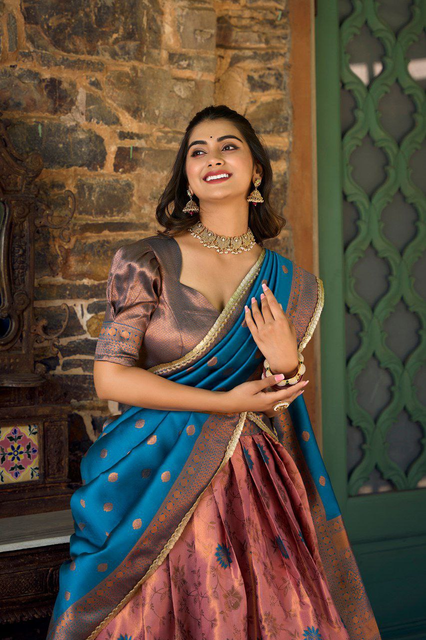 Artistic Jacquard Silk Lehenga Set adorned with Zari Weaving Work, Unstitched Blouse, and Versatile Dupatta