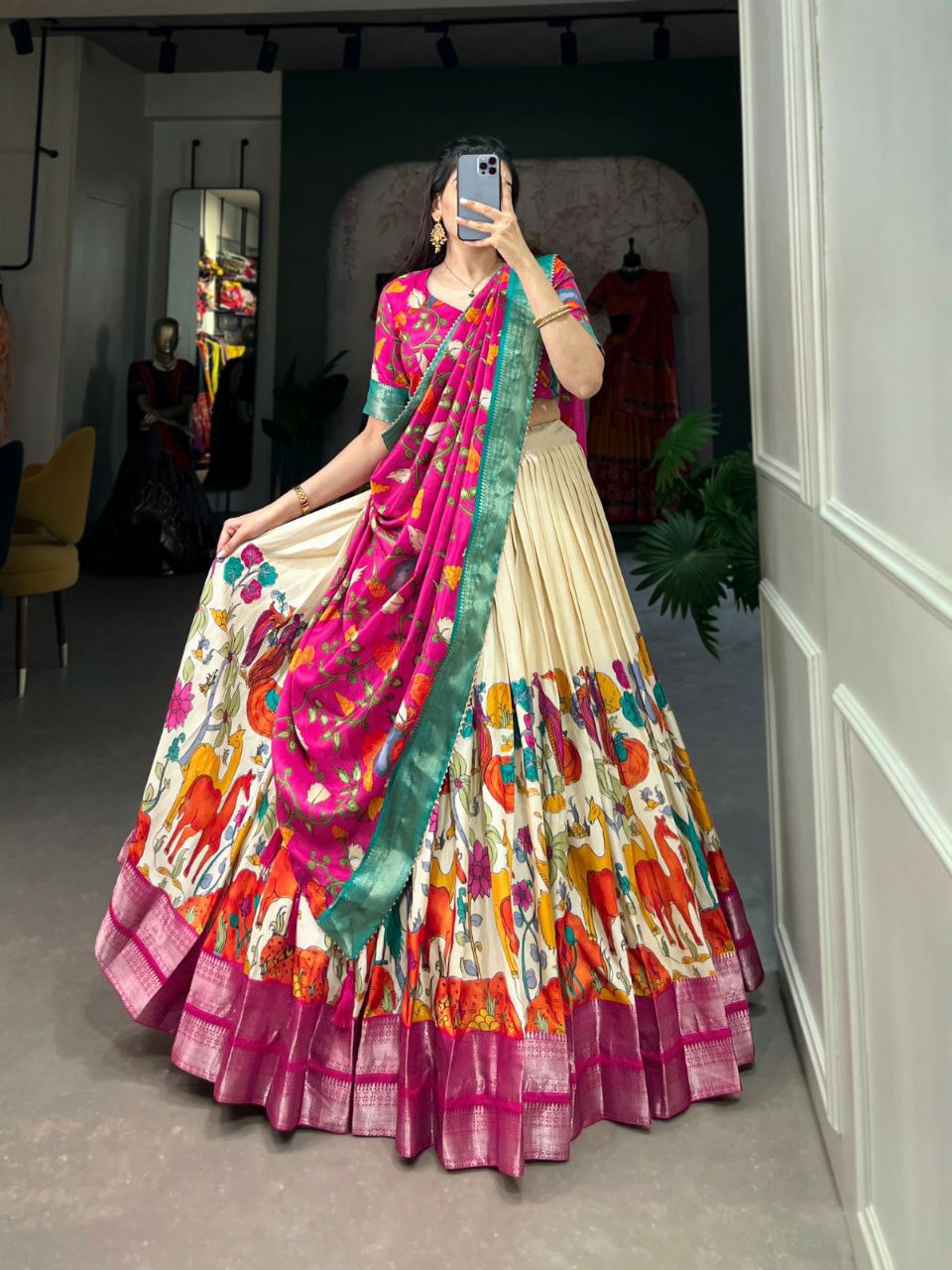 Beautiful Dola Silk Lehenga with Kalamkari Print and Zari Weaving Border