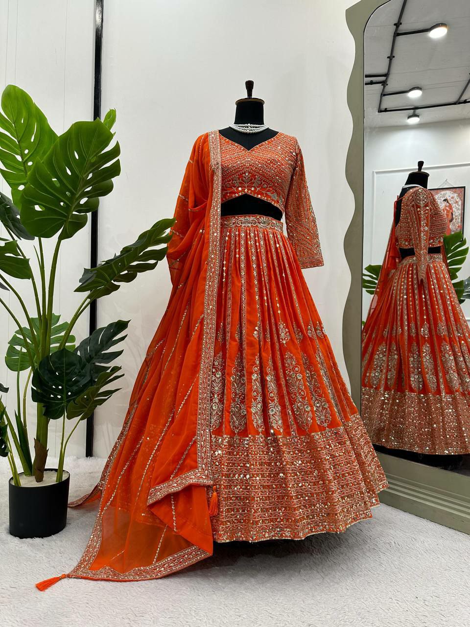 Charming Faux Georgette Lehenga with Sequins Work and Semi-Stitched Design