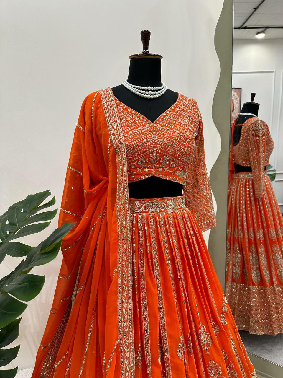 Charming Faux Georgette Lehenga with Sequins Work and Semi-Stitched Design