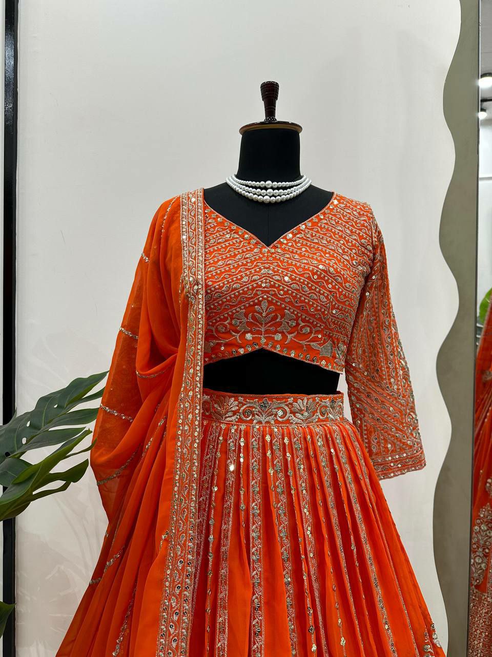 Charming Faux Georgette Lehenga with Sequins Work and Semi-Stitched Design