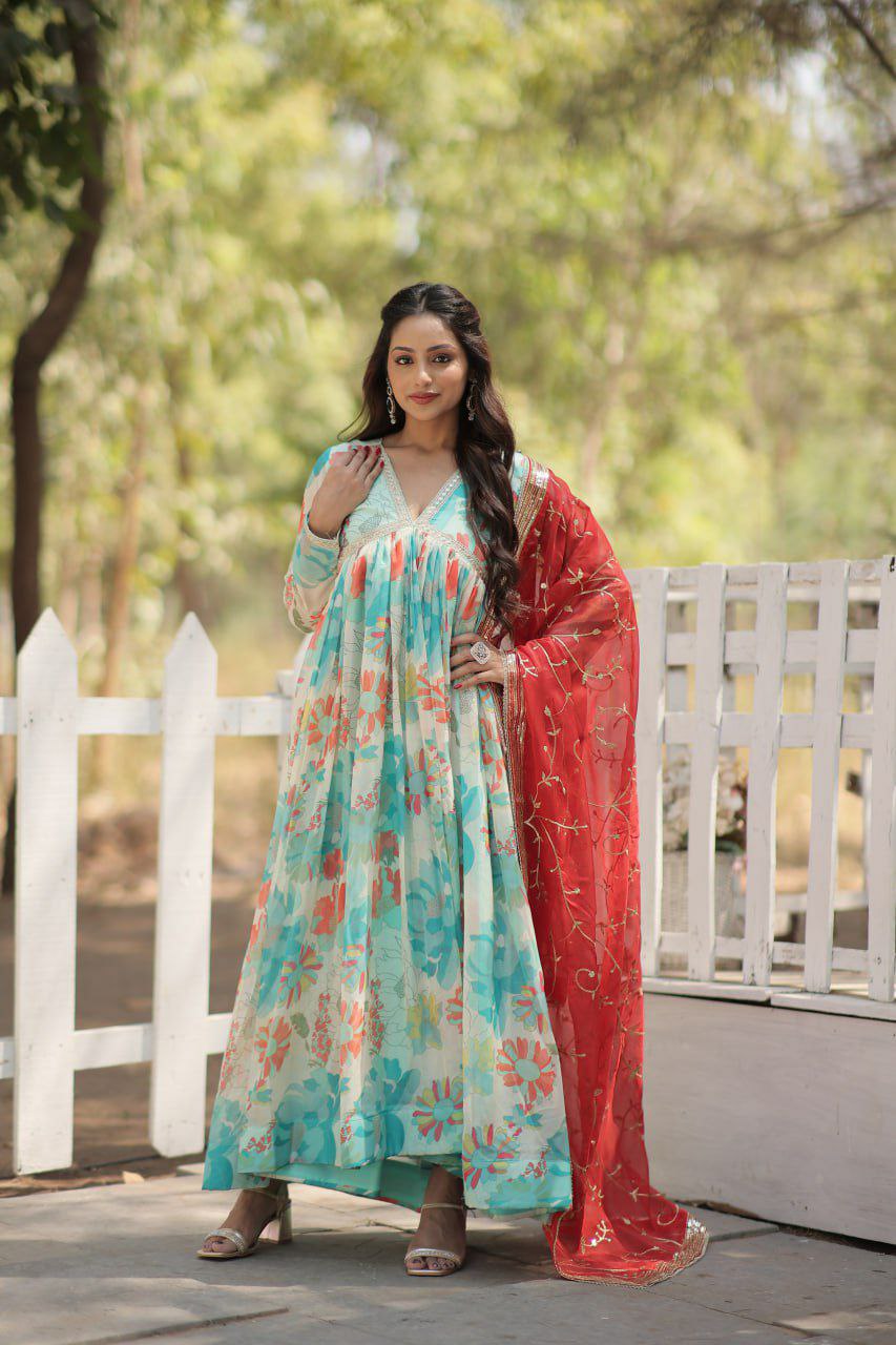 Charming Digital Printed Russian Silk Top with Full Sleeves and Embroidered Dupatta