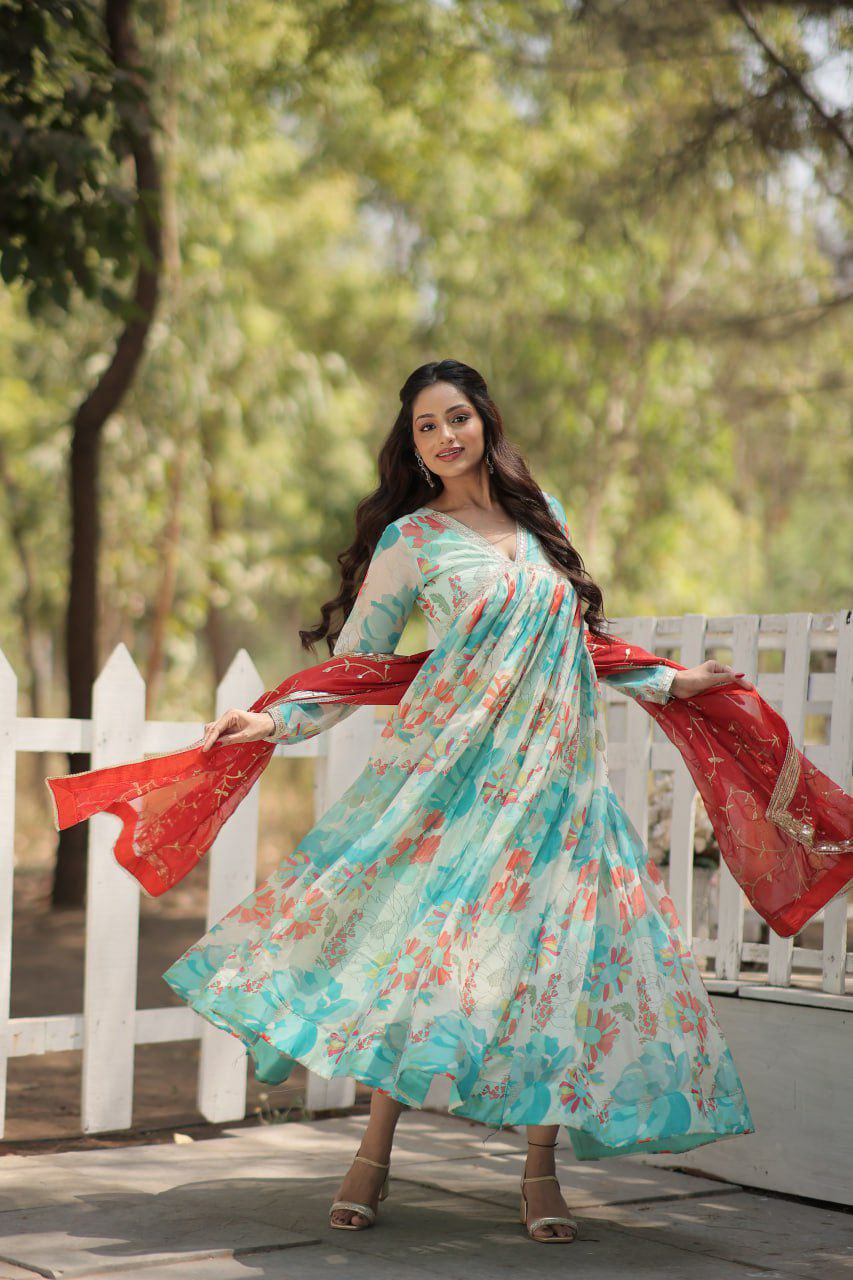 Charming Digital Printed Russian Silk Top with Full Sleeves and Embroidered Dupatta