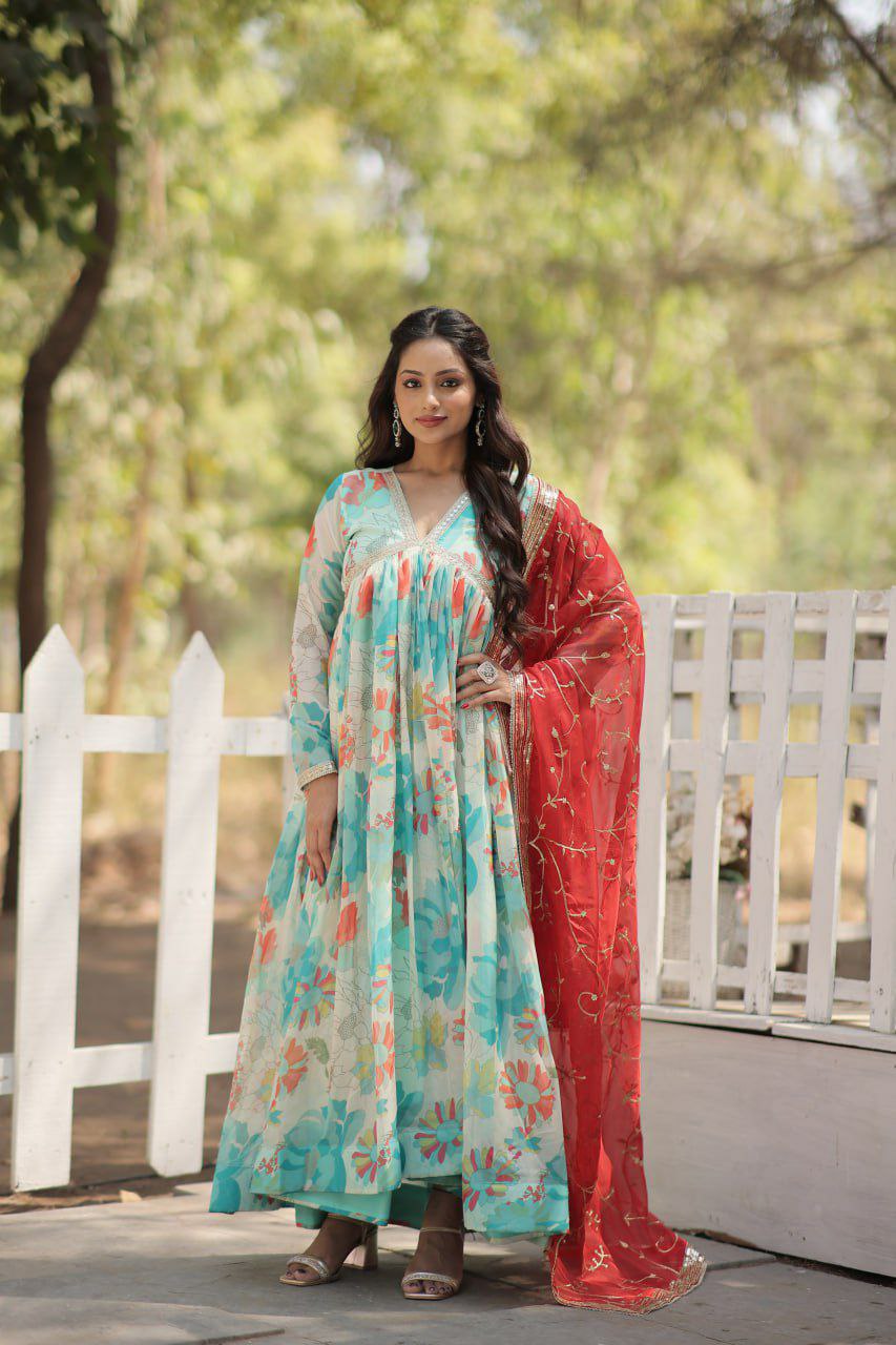 Charming Digital Printed Russian Silk Top with Full Sleeves and Embroidered Dupatta