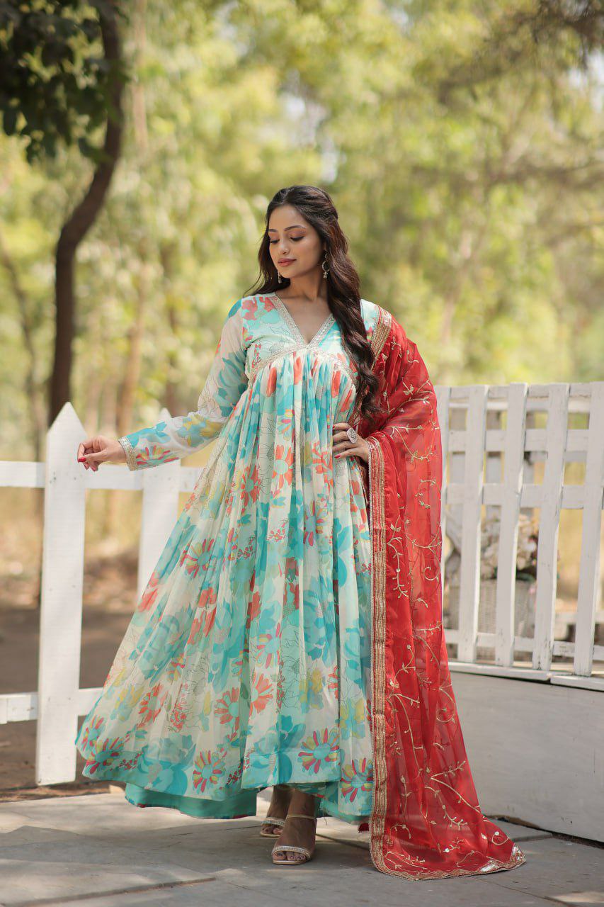 Charming Digital Printed Russian Silk Top with Full Sleeves and Embroidered Dupatta