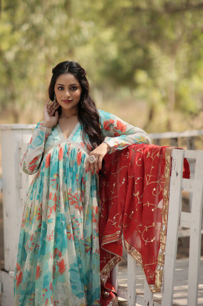 Charming Digital Printed Russian Silk Top with Full Sleeves and Embroidered Dupatta